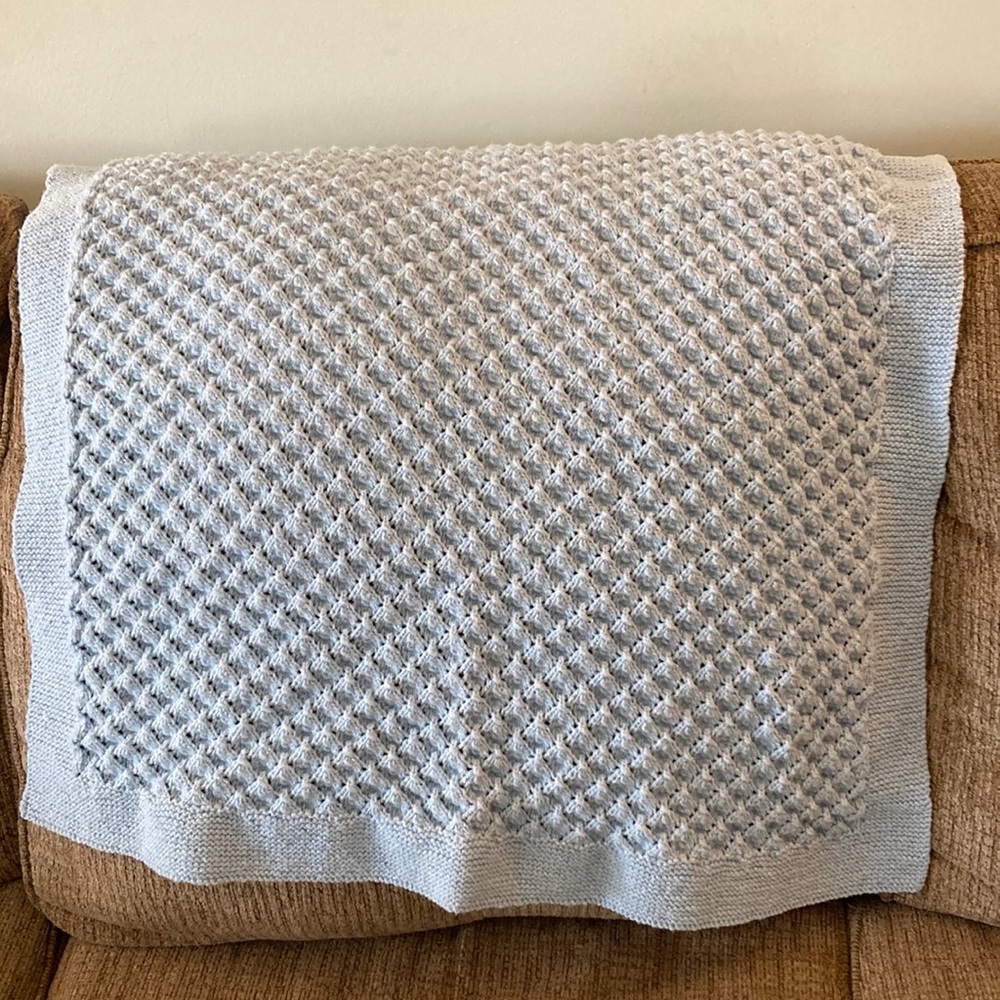Hand knit baby blanket, sky blue